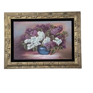 Vintage 1972 Signed Ross Lilac Floral Oil Painting Ornate Gold Frame Still Life